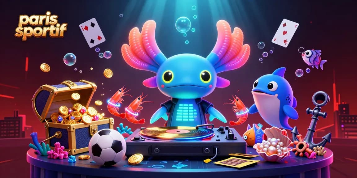 Visuel dynamique sur paris sportif avec un axolotl DJ et des éléments de pari