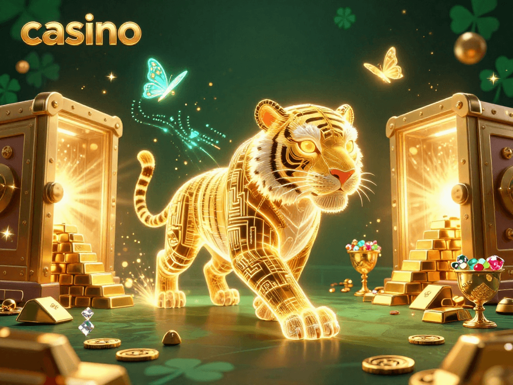 Engage in an electrifying casino adventure with a mesmerizing neon tiger amidst dazzling treasures.