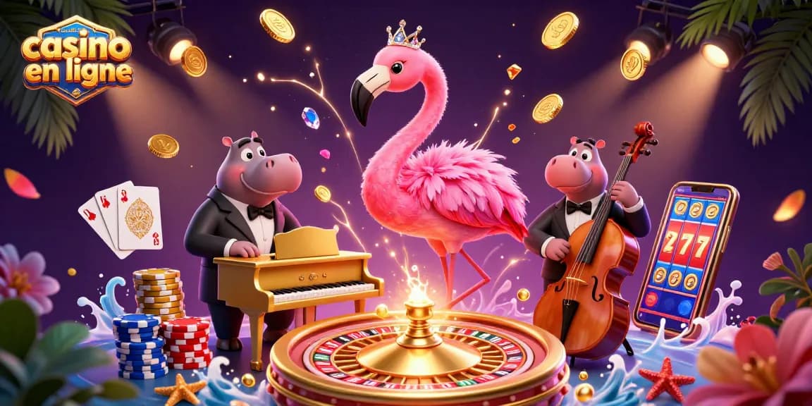 Découvrez le nouveau casino en ligne avec une illustration 3D dynamique d'un flamingo chanteur et un hippopotame bassiste.