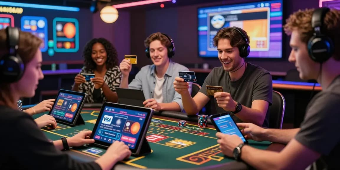 Engaging scene of players enjoying credit card casinos, showcasing Visa and Mastercard options on screens at https://ieee.org.uk, emphasizing excitement and accessibility.