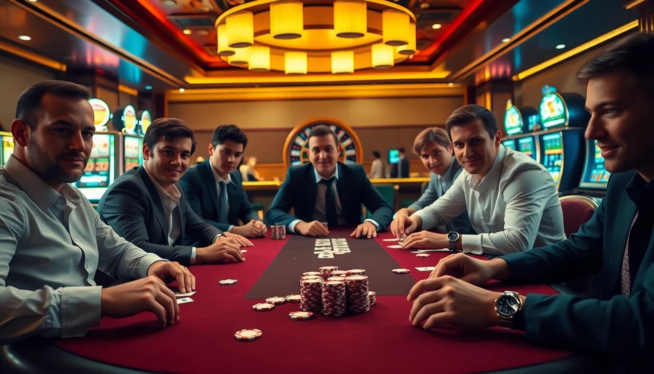 KPI4D players engaging in an exciting poker game at a luxurious casino table.