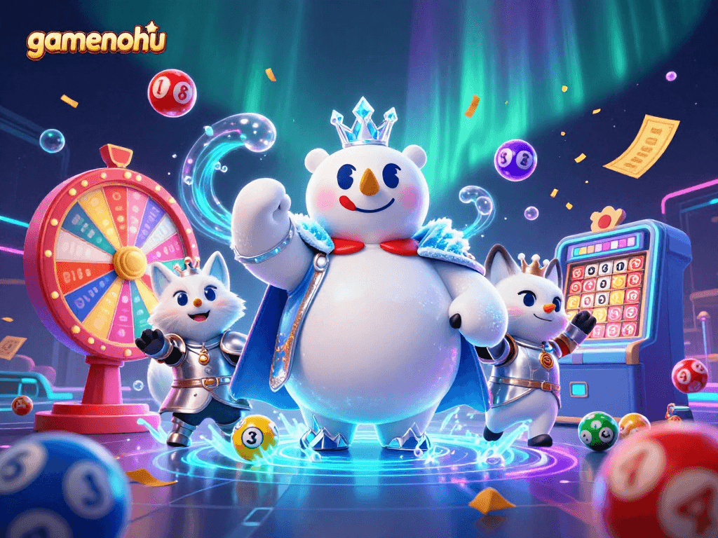 Experience gamenohu's exciting lottery action with vibrant colors and engaging 3D characters.