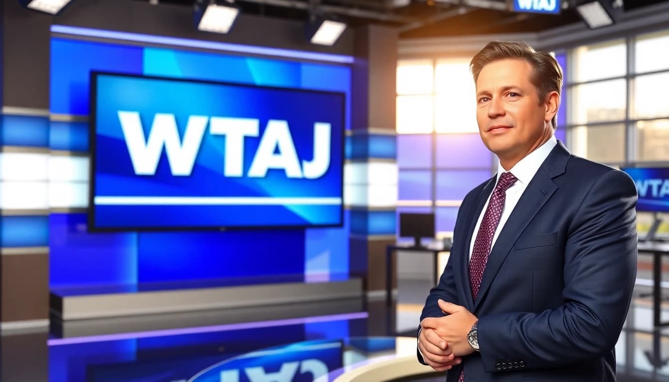 WTAJ news anchor reporting live from a modern studio with bright lighting and dynamic visuals.