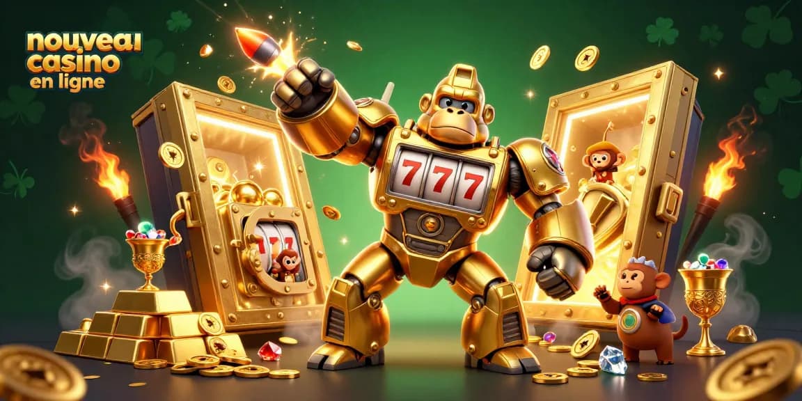 Illustration d'un gorille doré robot, symbolisant le nouveau casino en ligne, entouré de trésors et de joyaux.