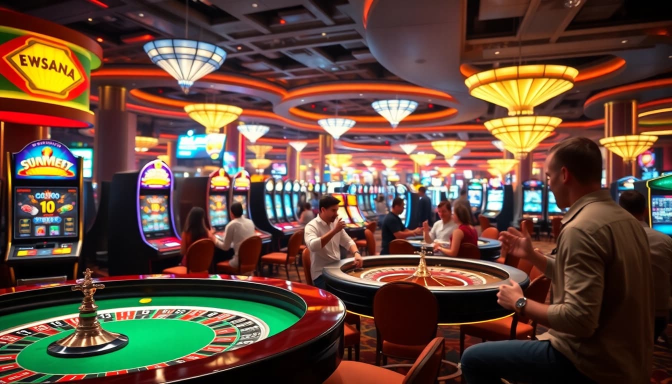 Erleben Sie spannendes casino spielen mit glücklichen Spielern und lebhaften Spieltischen in einem luxuriösen Casino.