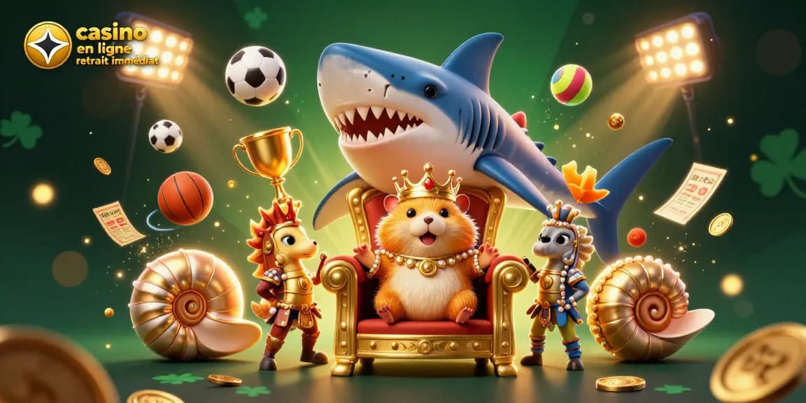 Plongez dans le monde du casino en ligne retrait immédiat avec cette illustration de roi hamster sur son trône, entouré de gardes et d'éléments dynamiques.
