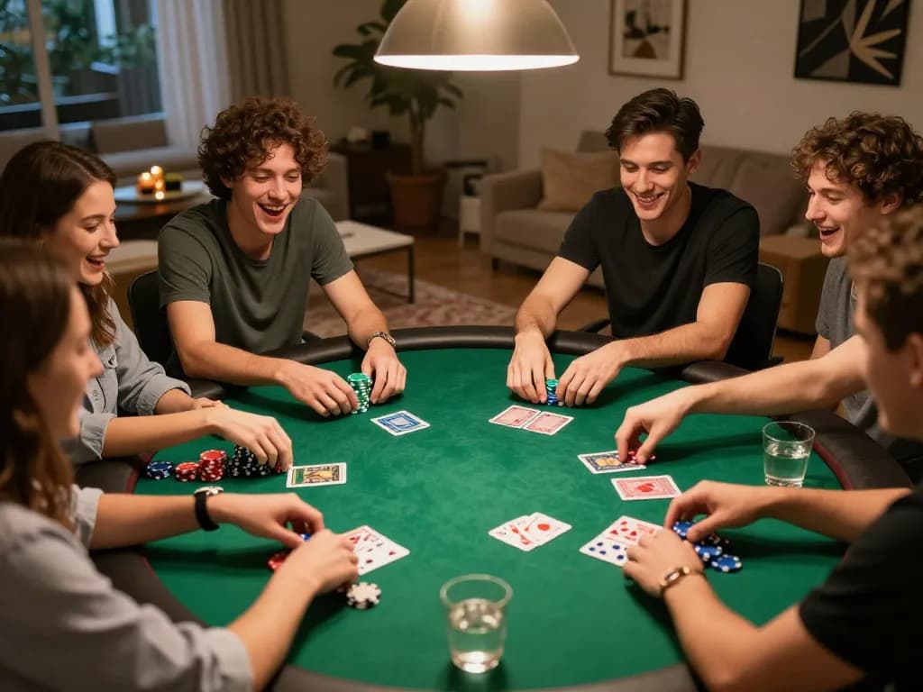 Engagierte Spieler genießen ein strategisches Poker-Spiel zu Hause und zeigen Immobilienmakler Frankfurt Sachsenhausen am Tisch.