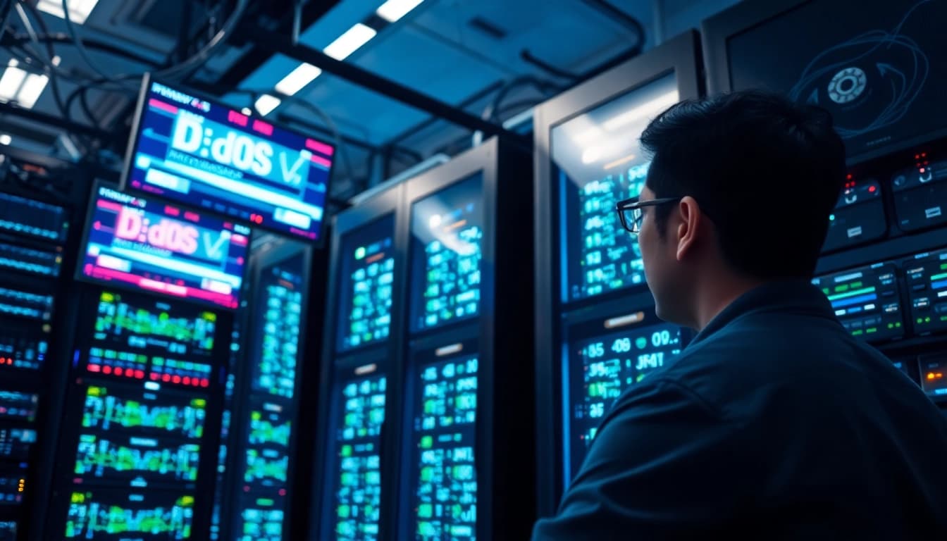 Monitor DDoS attacks with CDN with DDoS Protection in a high-tech server room