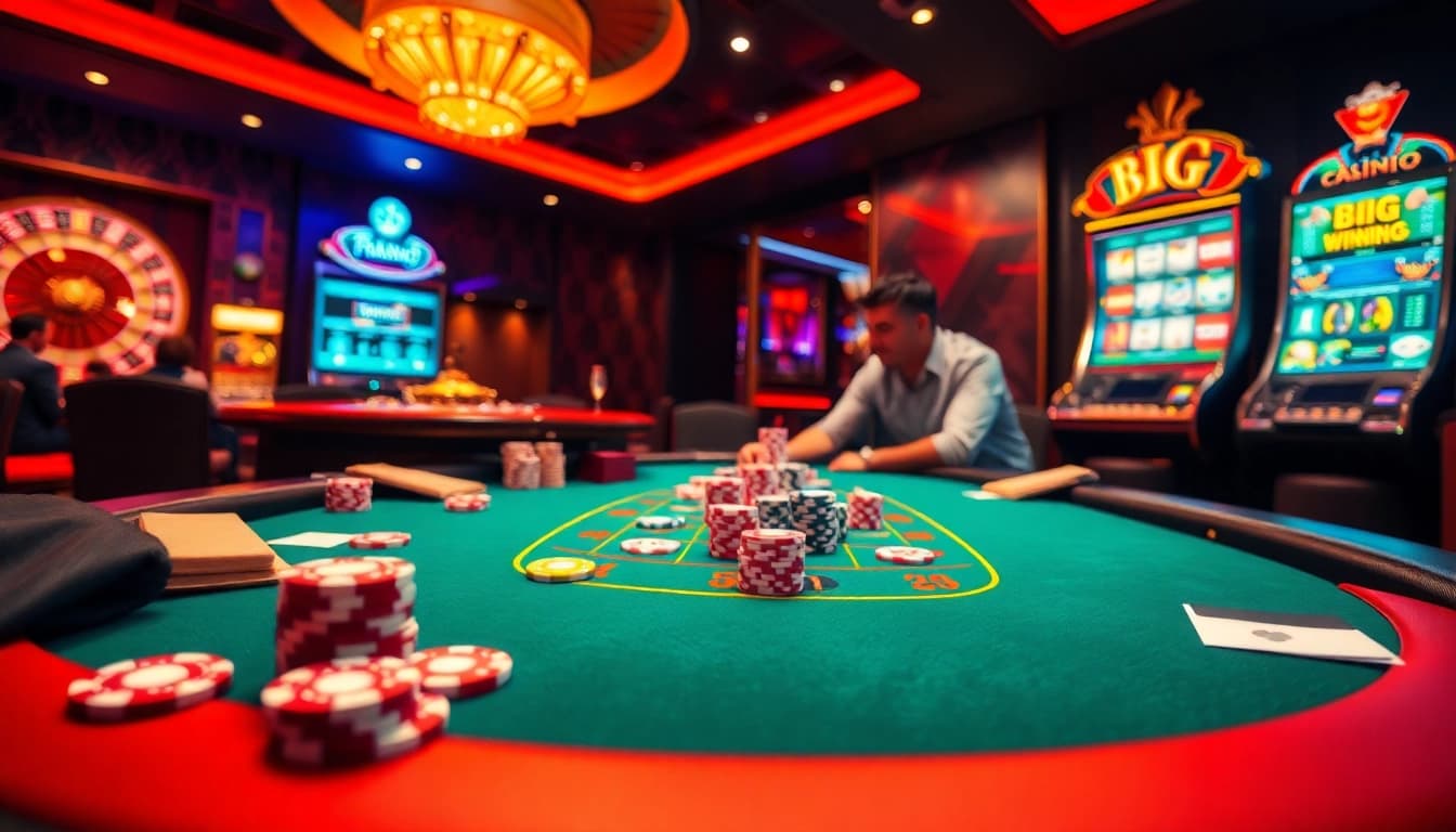 Bàn chơi W88 với người chơi đang tham gia poker, chip và bánh xe roulette.