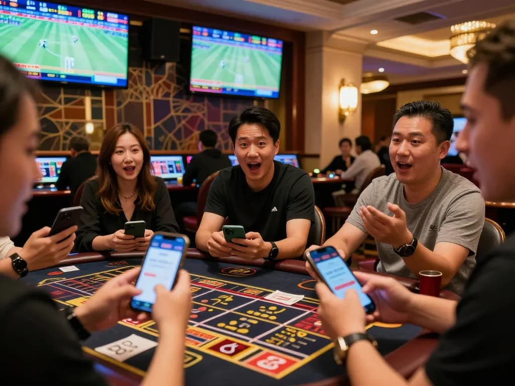 Fans placing bets on 88clb app while watching live sports in an upscale casino.