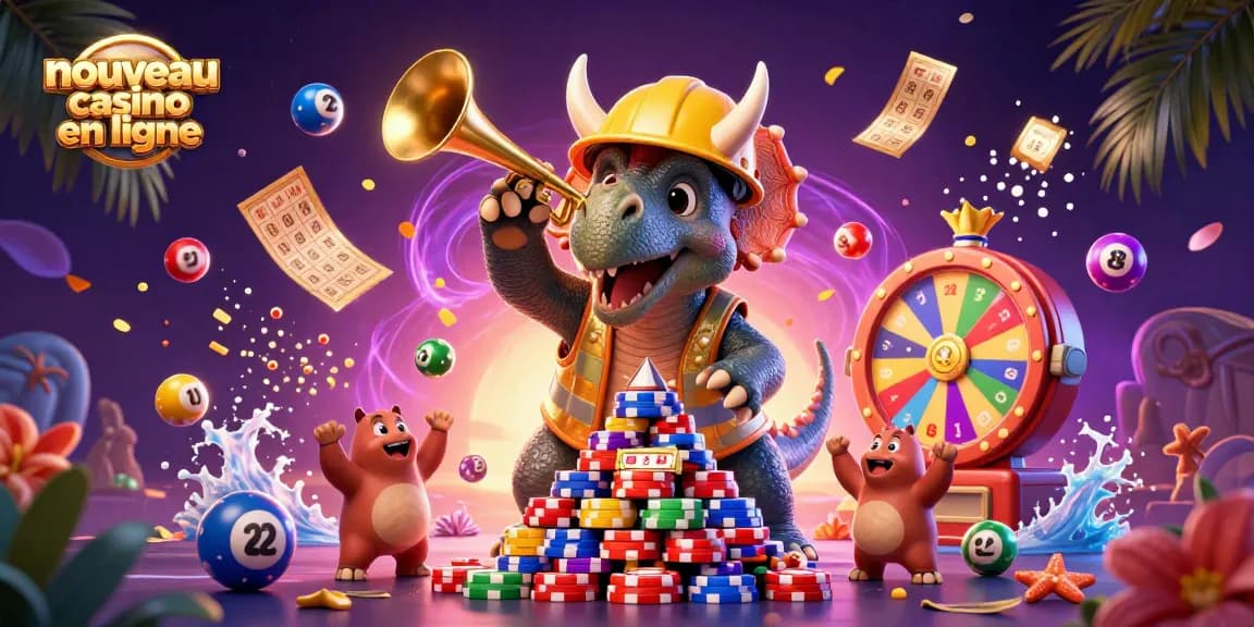 Créer un environnement captivant autour d'un nouveau casino en ligne avec des personnages de dinosaures et des éléments de jeu.
