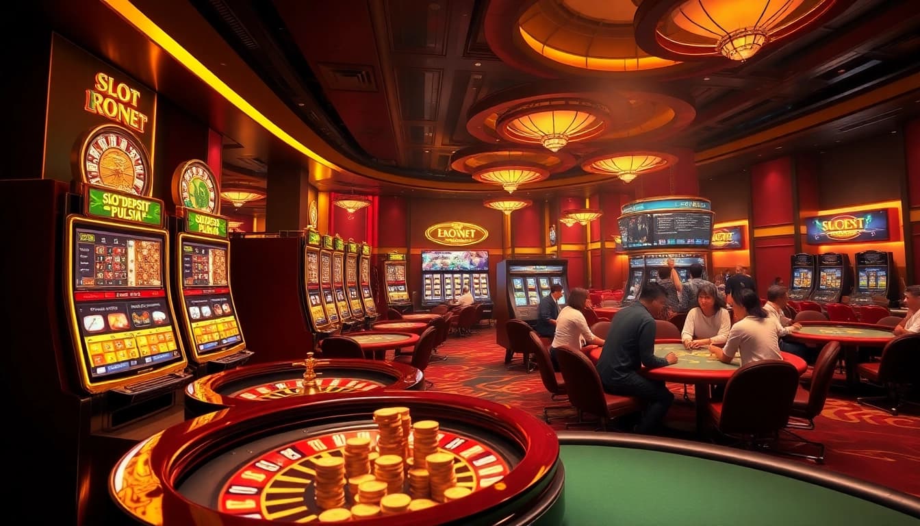 Players engaging with slot deposit pulsa options at luxurious casino tables filled with excitement.
