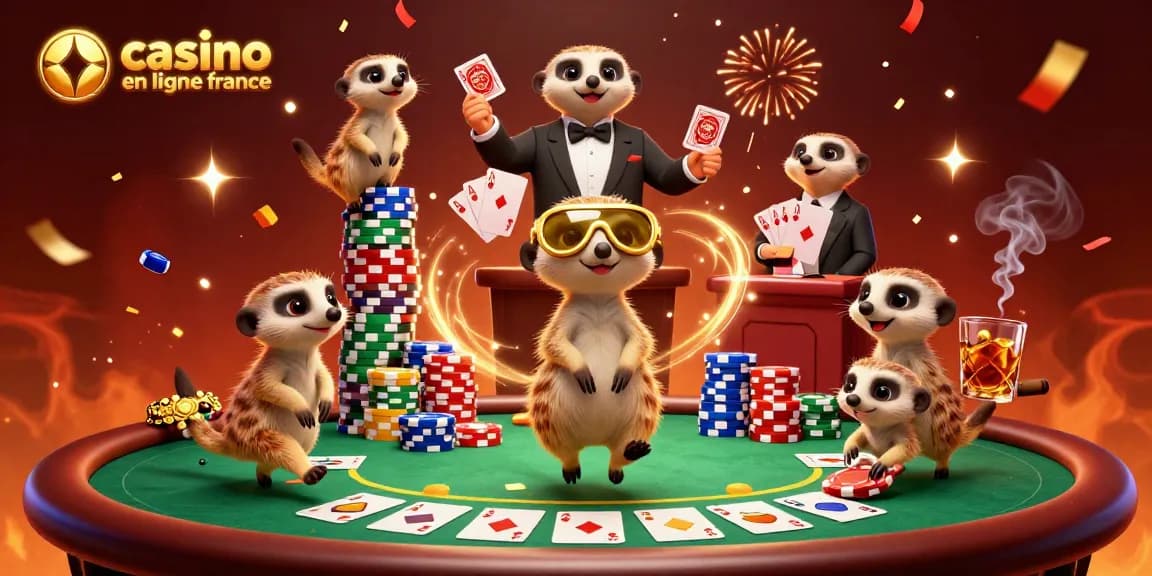 Plongez dans l'univers du casino en ligne France avec des meerkats animés en pleine action.