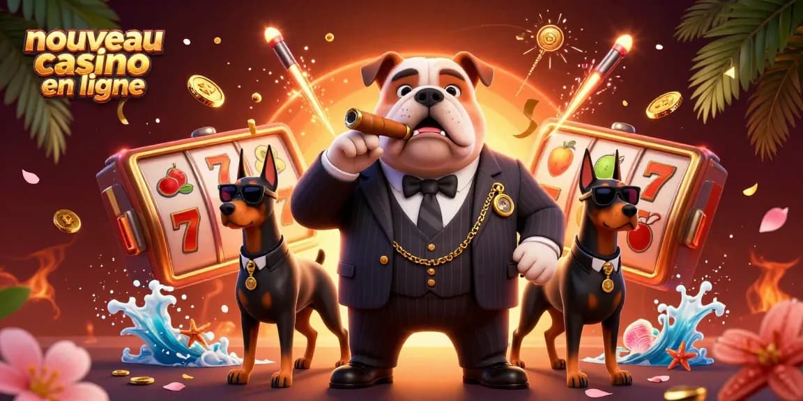 Illustration captivante d'un nouveau casino en ligne, avec un bulldog mafieux et des éléments de jeu colorés.