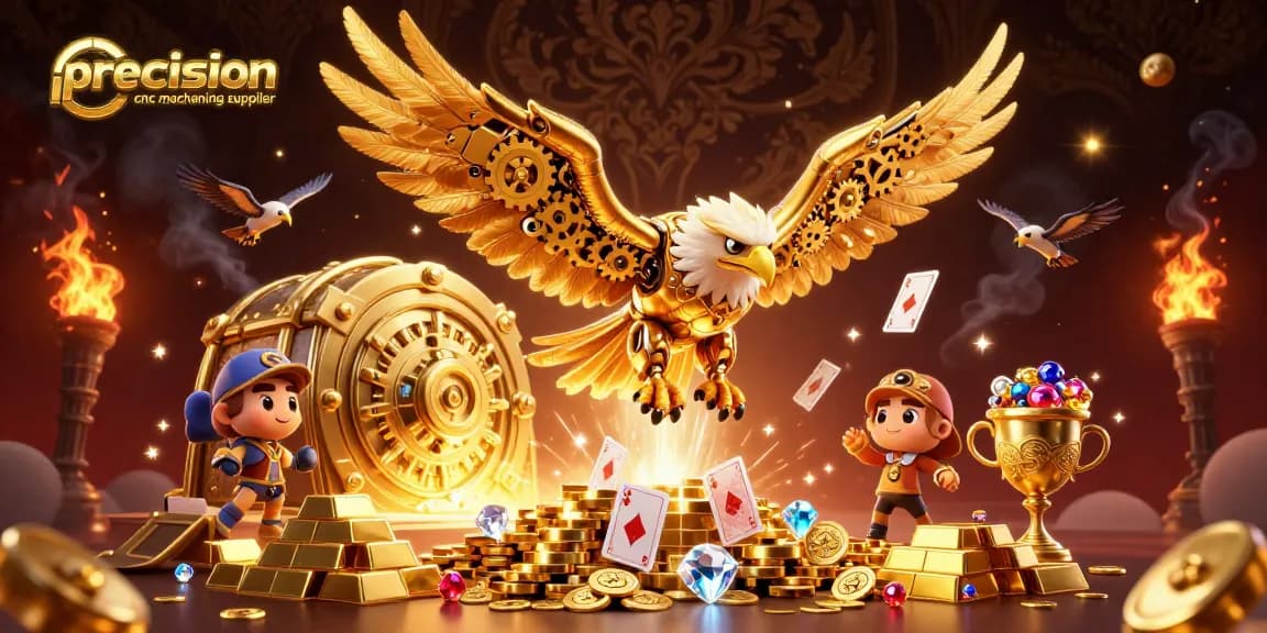 Engage with the precision CNC machining supplier in a vibrant casino-inspired scene featuring a cybernetic eagle.