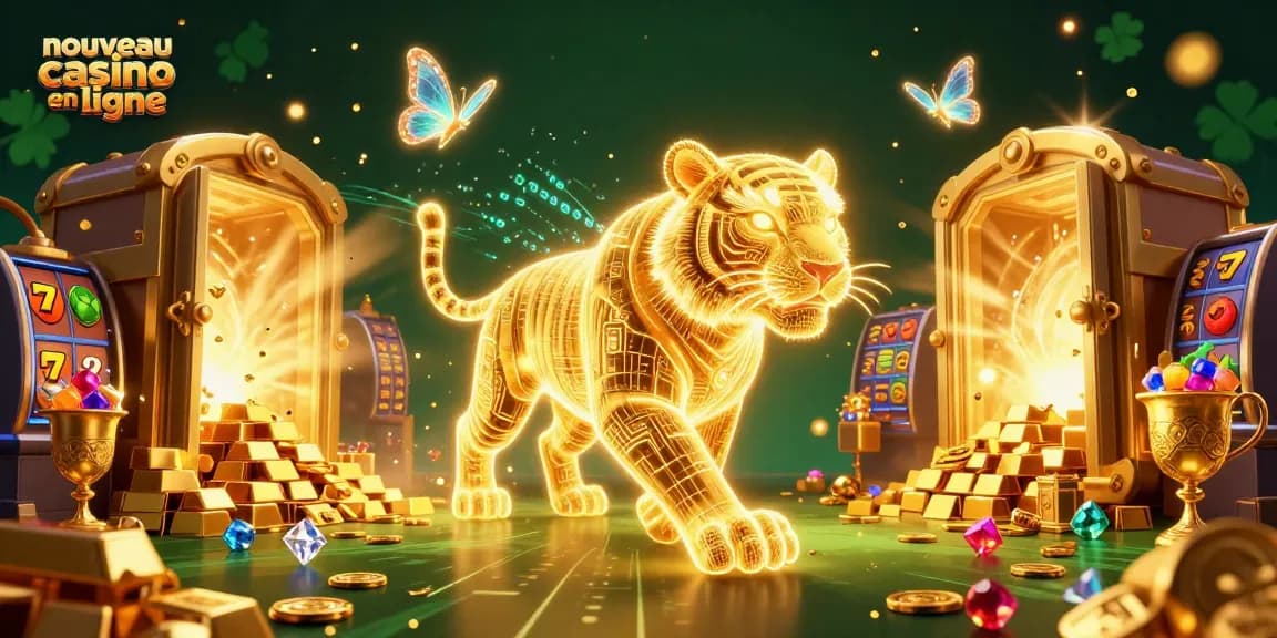 Découvrez le nouveau casino en ligne avec une illustration captivante d'un tigre doré et des éléments de jeux.