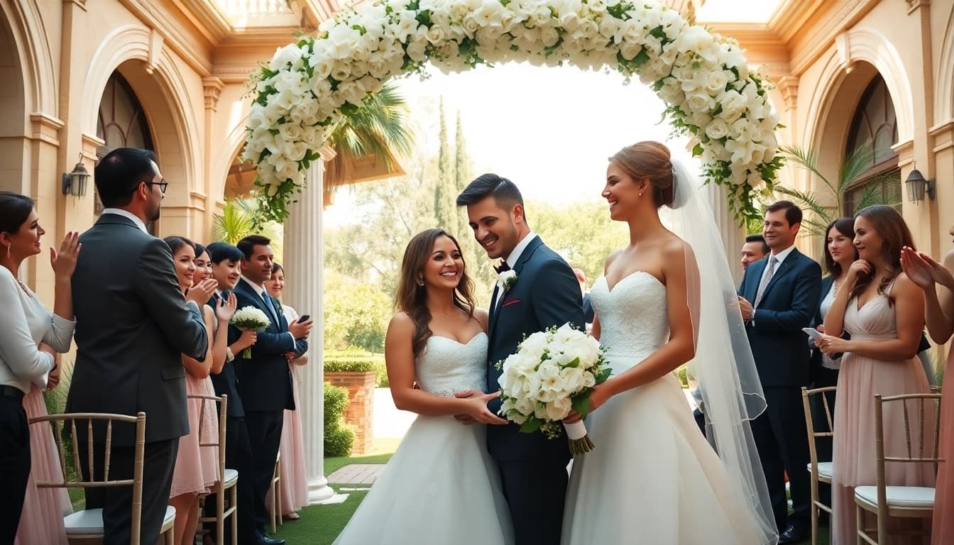 Beautiful couple exchanging vows at a Jacksonville Wedding Venue surrounded by lush gardens and elegant decor.