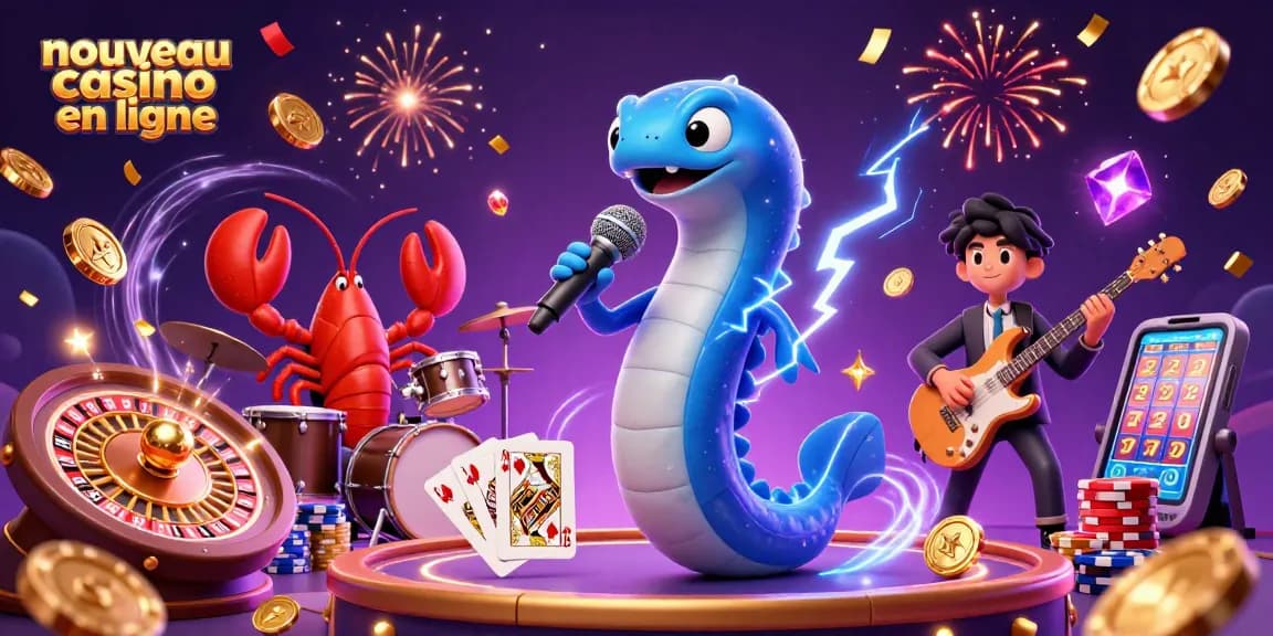 Vue dynamique d'un nouveau casino en ligne avec un anguille électrique DJ, des pièces dorées et des jeux scintillants.
