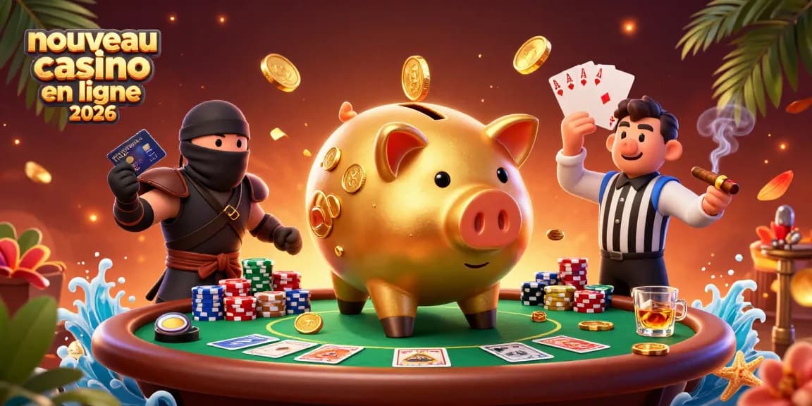 La scène du nouveau casino en ligne 2026 avec un sumo et un ninja concurrents luttant pour des pièces, entourés de jetons de poker.