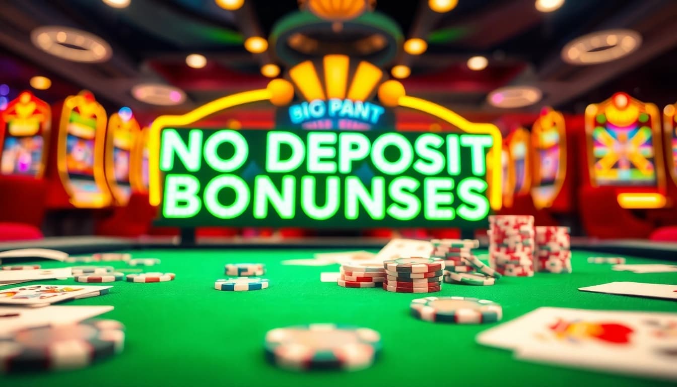 No deposit bonuses highlighted on a casino table surrounded by colorful cards and chips