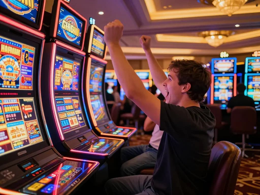 Player celebrating a win at non gamstop casinos, surrounded by colorful slot machines lighting up the atmosphere.