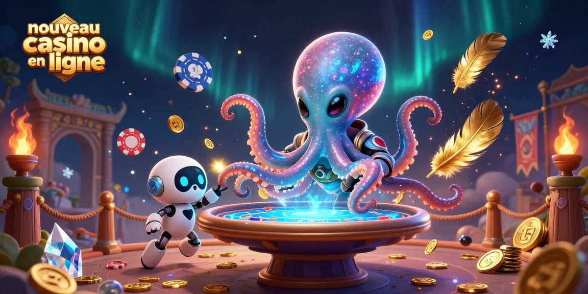 Une illustration d'un nouveau casino en ligne avec un octopus alien à une table de poker holographique
