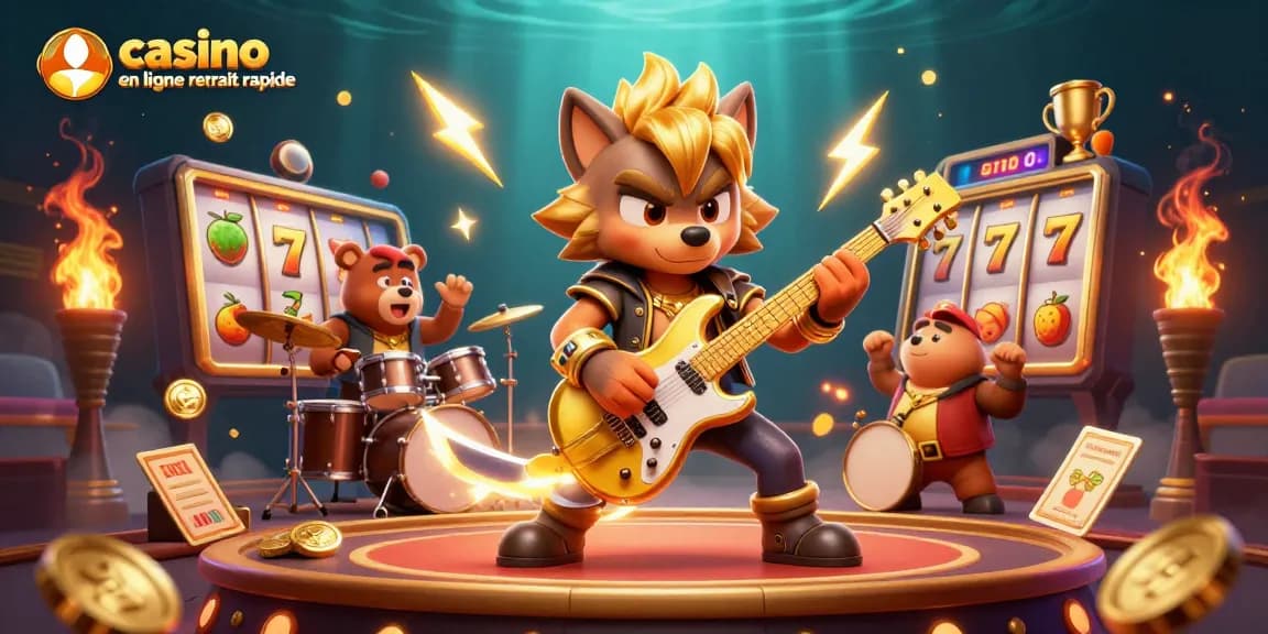 Casino en ligne retrait rapide : illustration captivante d'un loup rock star et un ours batteur sur scène de casino avec des éléments de jeu.