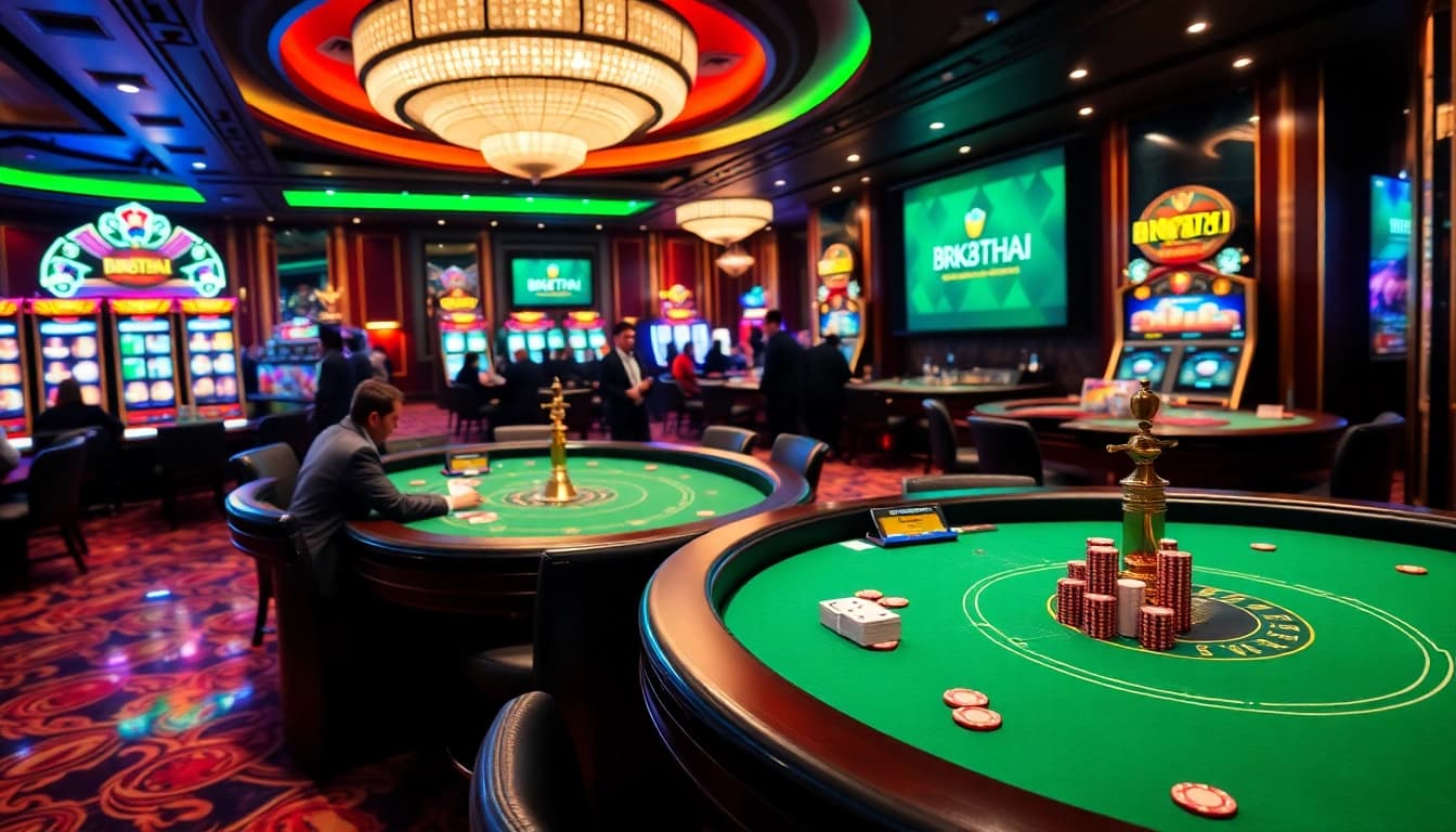 Excited gamblers engaging at the vibrant BK8THAI casino tables with colorful slot machines.