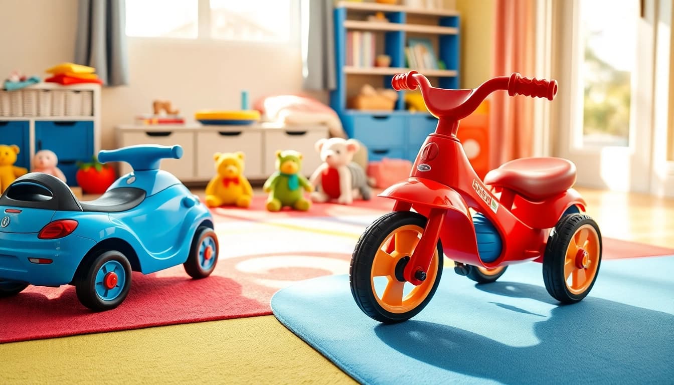 Children enjoy playtime with various ride on toys in a vibrant, cheerful playroom.