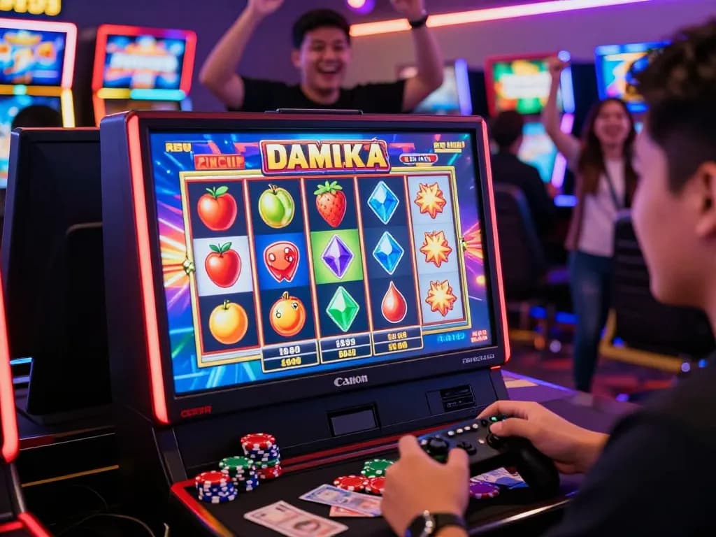 Player celebrating a win on situs slot gacor with vibrant slot machines and casino atmosphere.