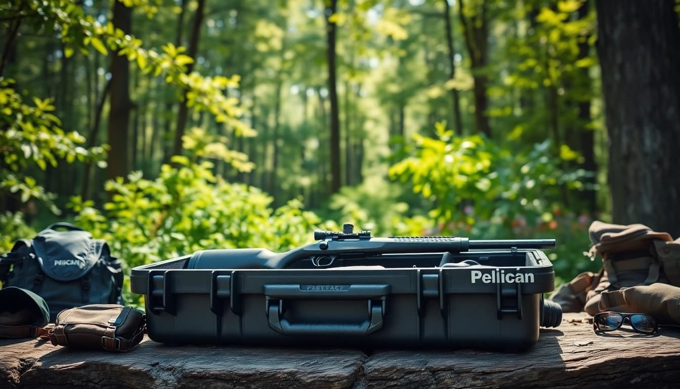 Showcasing a Pelican rifle case opened on a wooden table in the forest, with a rifle inside for protection.