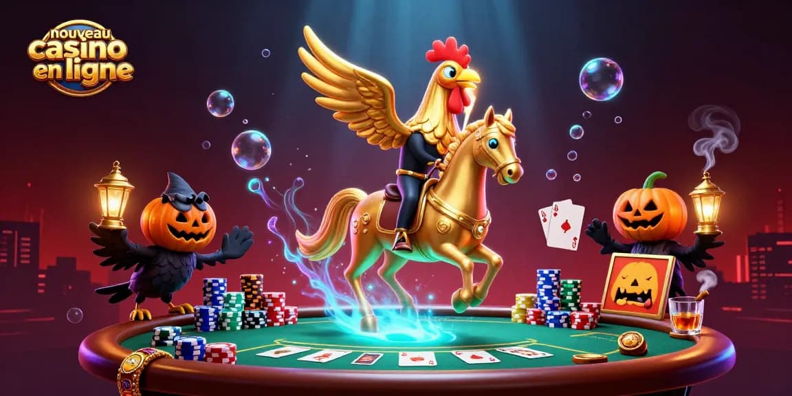 Illustration dynamique de nouveau casino en ligne avec personnage central et ambiance nocturne.