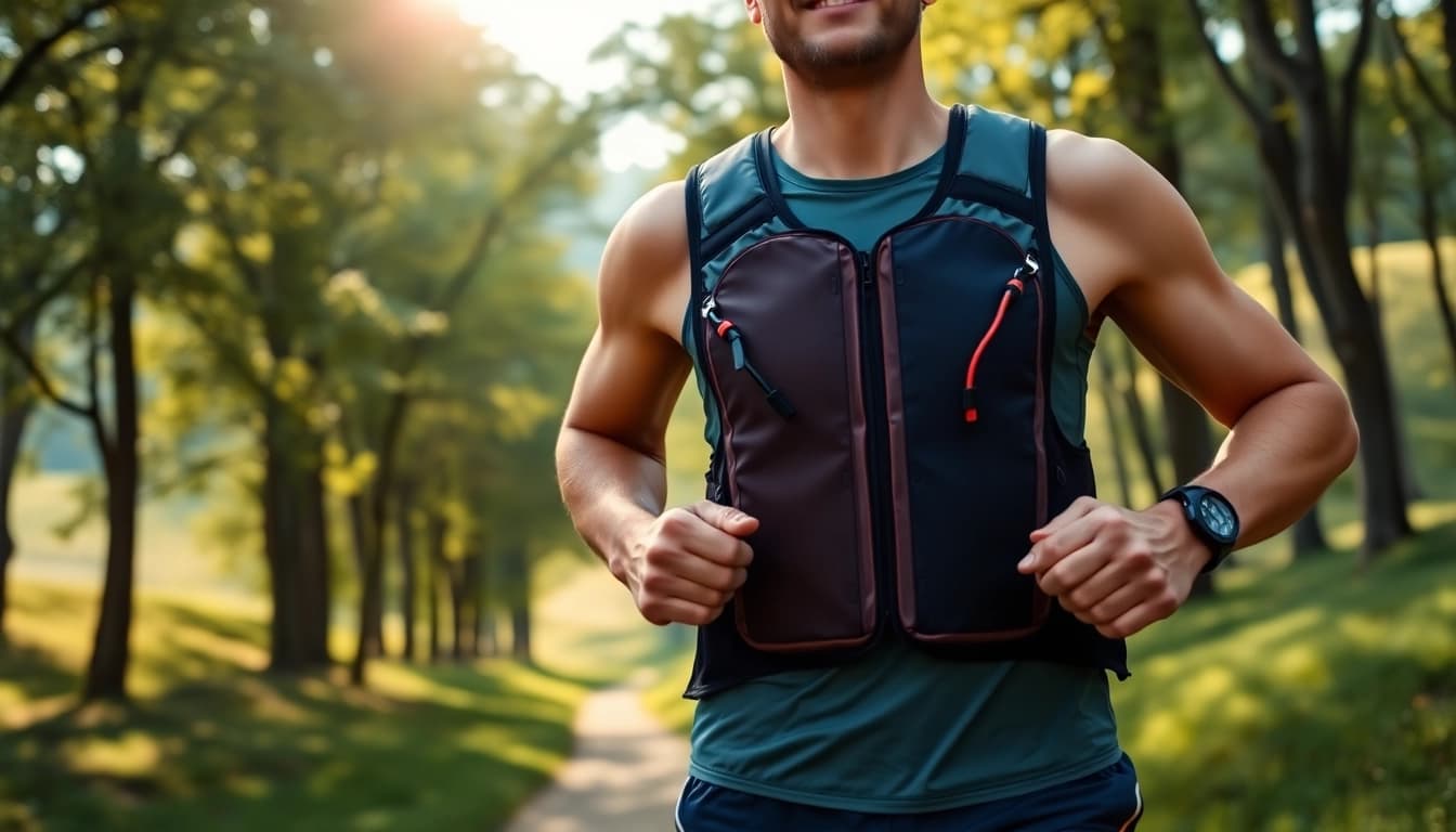 Runner in a hydration running vest enjoying a sunny outdoor trail run.