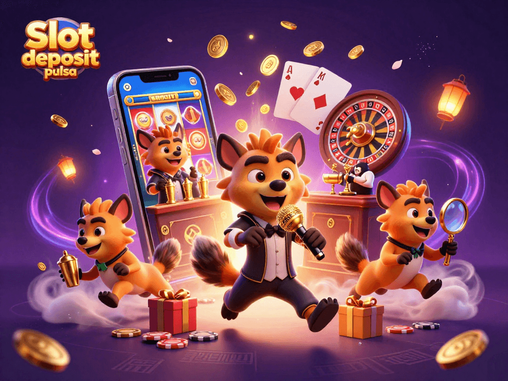 Permainan kasino yang penuh keceriaan dengan Slot Deposit Pulsa, hyena lucu di bar dengan perangkat slot berwarna-warni.
