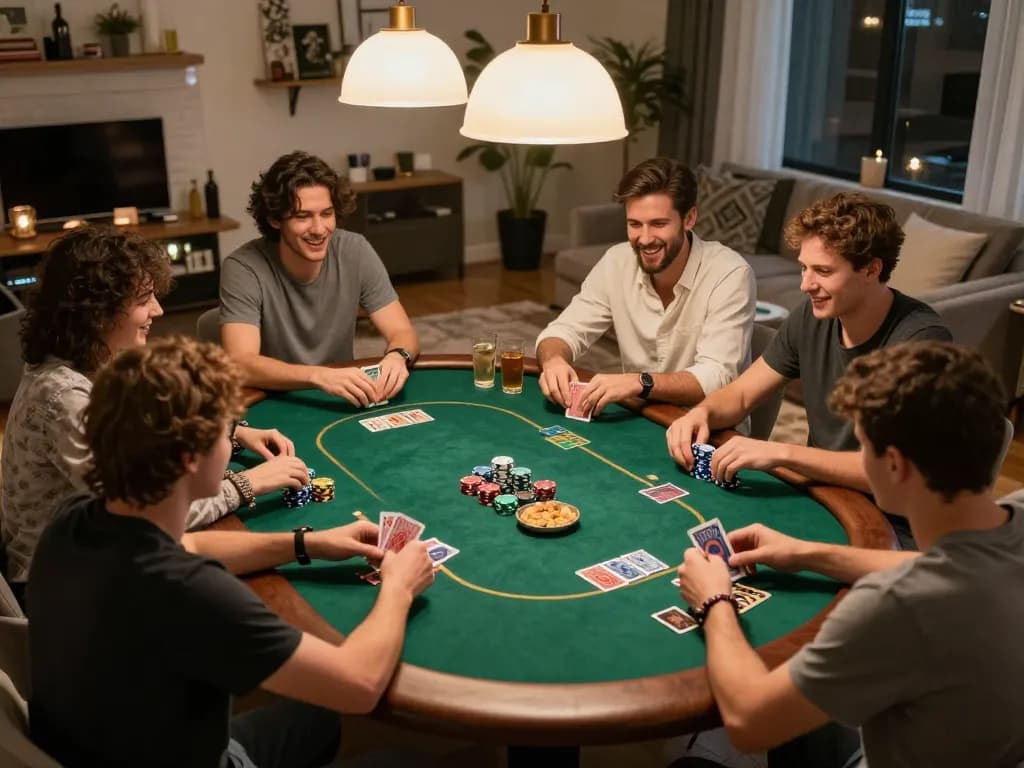 Pemain Bintangmpo terlibat dalam permainan Texas Hold'em yang menyenangkan selama malam poker di rumah bersama teman-teman.