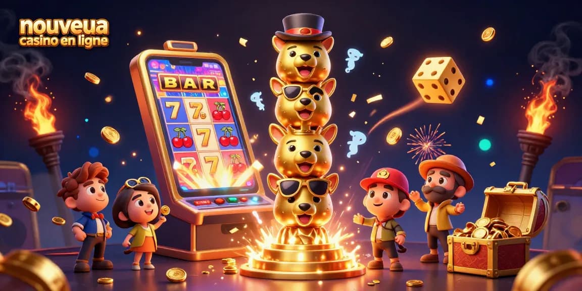 Découvrez les symboles des nouveaux casinos en ligne avec un totem en or entouré de jeux et d'éclats de lumière.