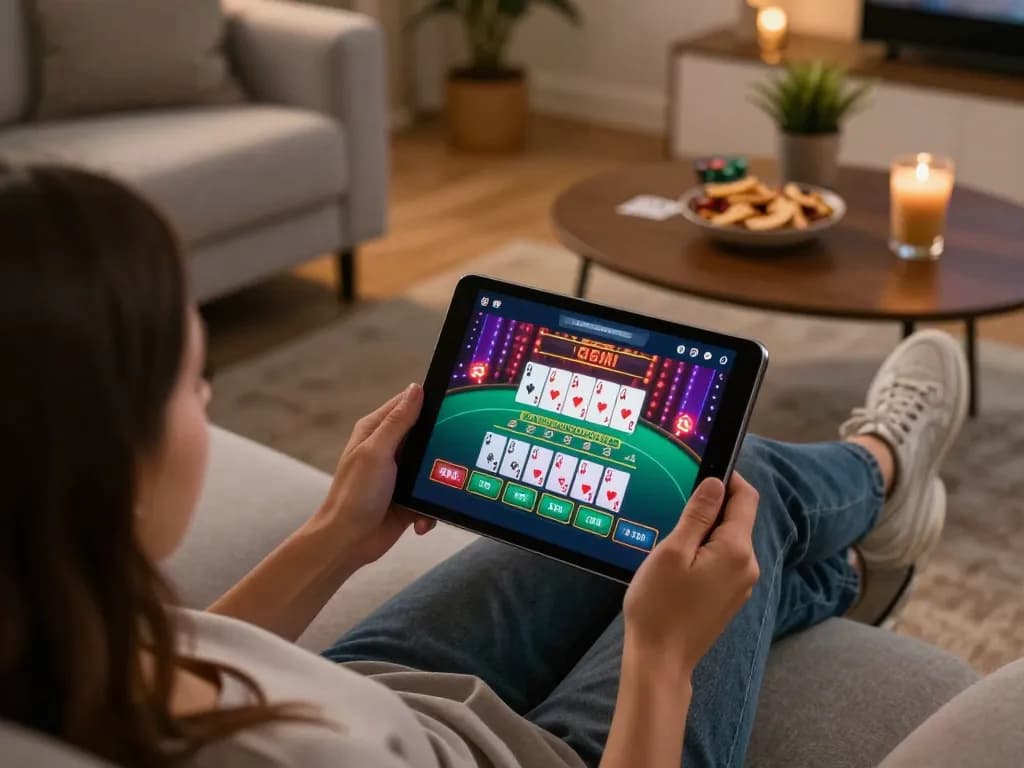 Experience thrilling blackjack gameplay with bj886 on a stylish tablet in a cozy home setting