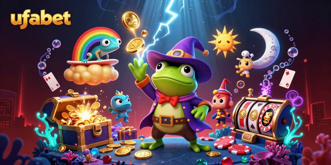 Experience the excitement of ufabet with a dynamic scene of a frog wizard and a chameleon, surrounded by casino elements.