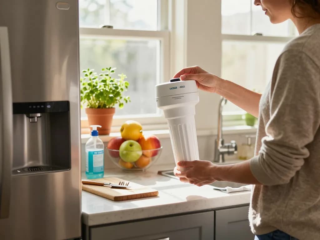 A homeowner changes the AQUA CREST EDR3RXD1 Replacement for 4396841, Everydrop® Filter 3 in a sunny kitchen, emphasizing cleanliness and freshness.