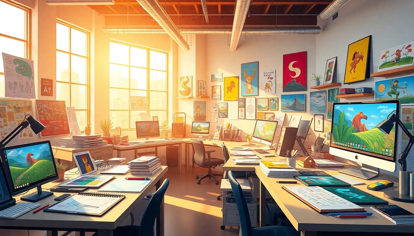 Animationsstudio mit kreativen Tools und inspirierenden Kunstwerken im hellen Raum.
