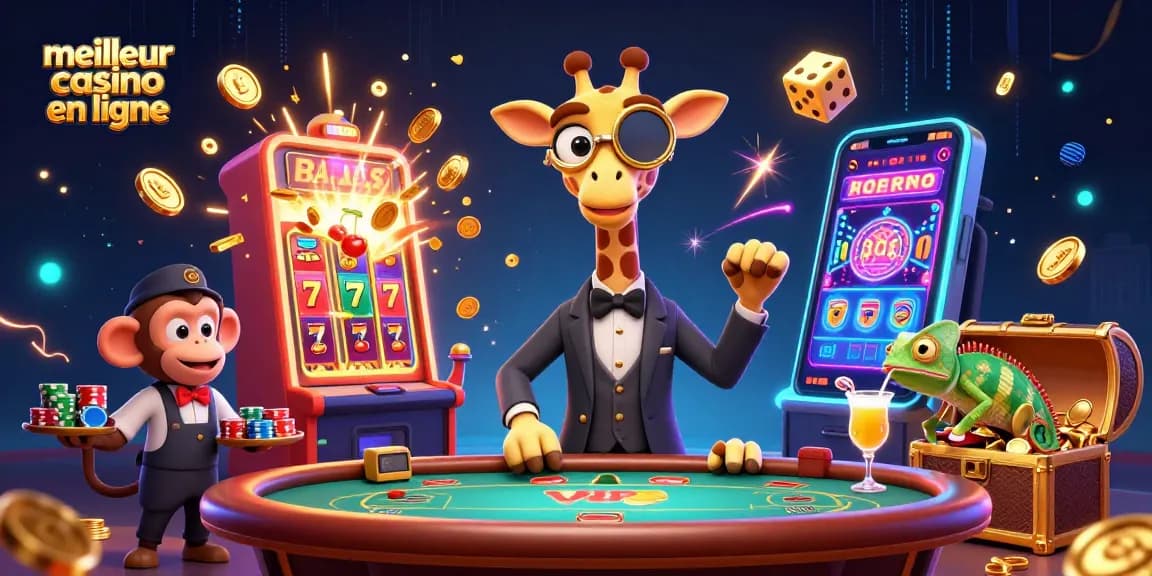Découvrez le meilleur casino en ligne avec une girafe au poker et des monnaies dorées volant autour.