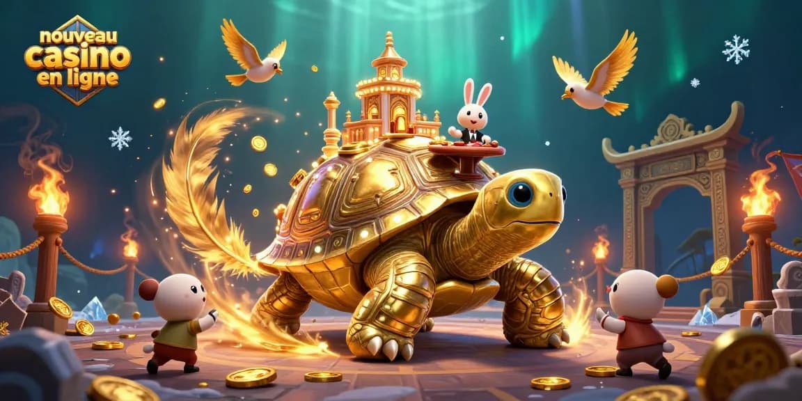 Illustration mettant en scène une tortue dorée géante et un croupier de cartes au nouveau casino en ligne, animée par des pièces d'or.