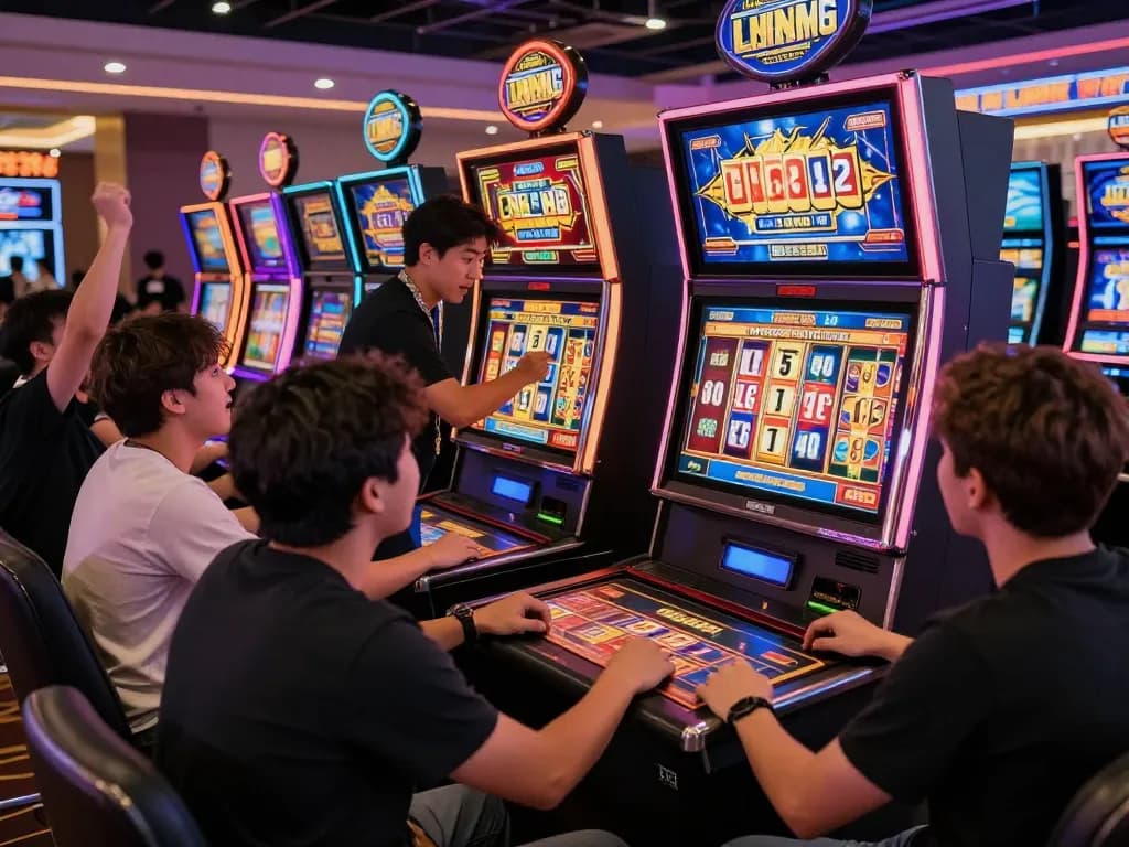 Pemain menikmati pengalaman permainan link slot yang meriah di atmosfer kasino yang hidup.