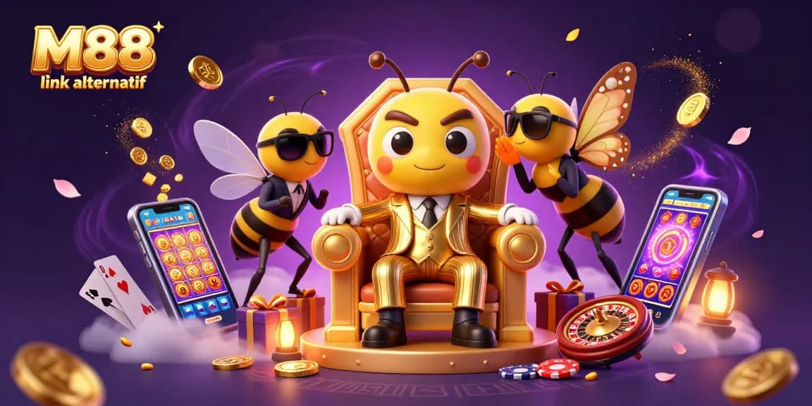 M88 link alternatif showcases a mob boss in a casino-themed throne room, full of vibrant game elements.