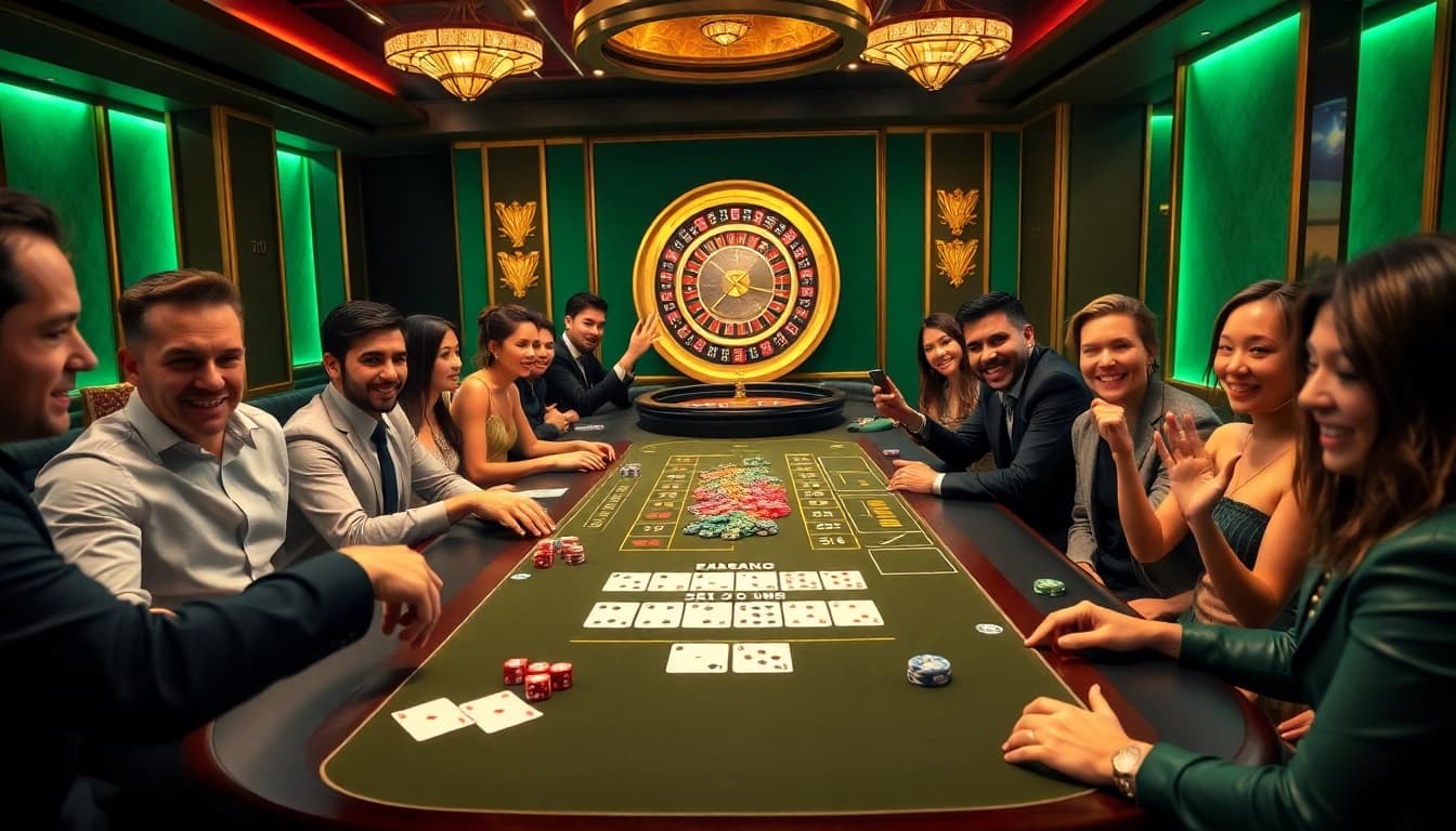 Players engaging eagerly at the Go8 casino table, showcasing thrilling gambling action.