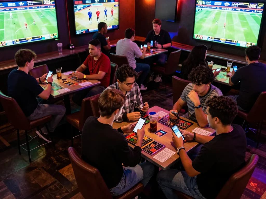 Excited friends analyzing bets at abc8 sports lounge, enjoying dynamic betting experience.