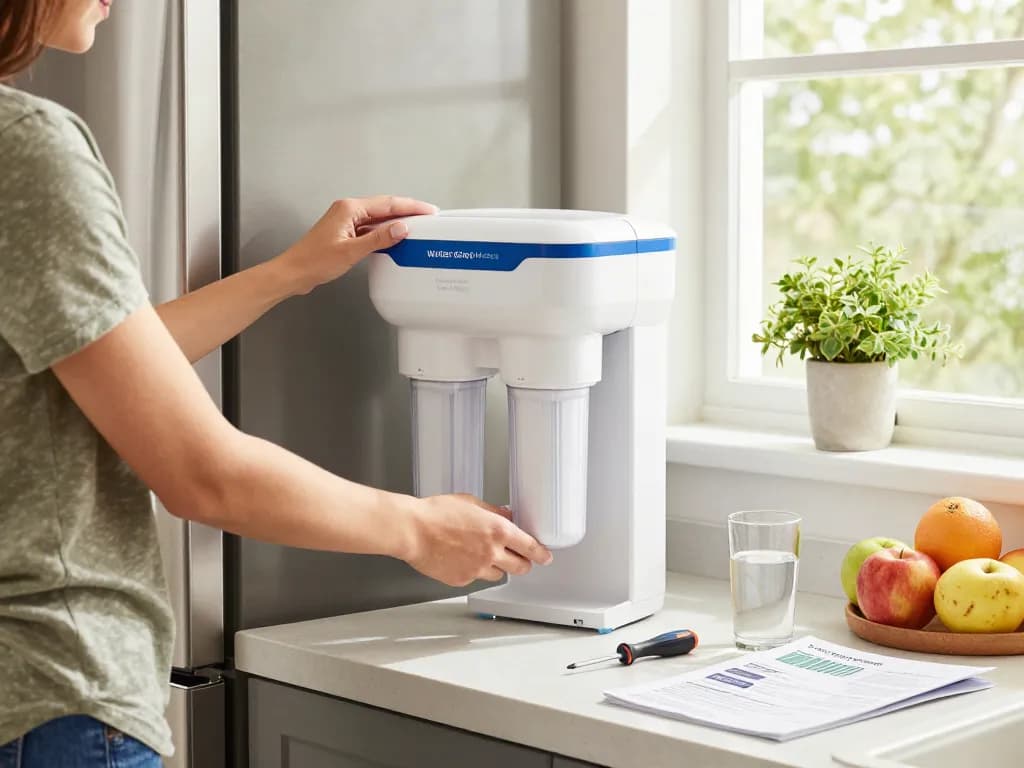 Installing the Waterdrop Maxblue EDR3RXD1 Replacement for 4396841 filter in a bright kitchen, emphasizing clean water.