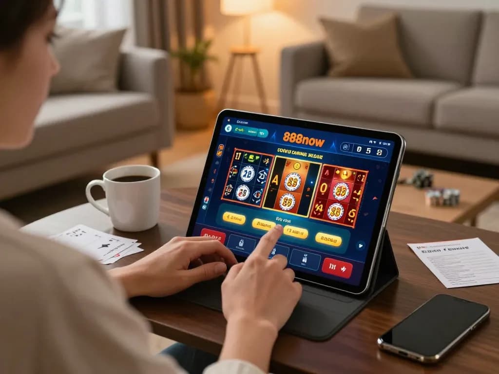 Player using the 888now app on a tablet for an exciting online gaming experience at home