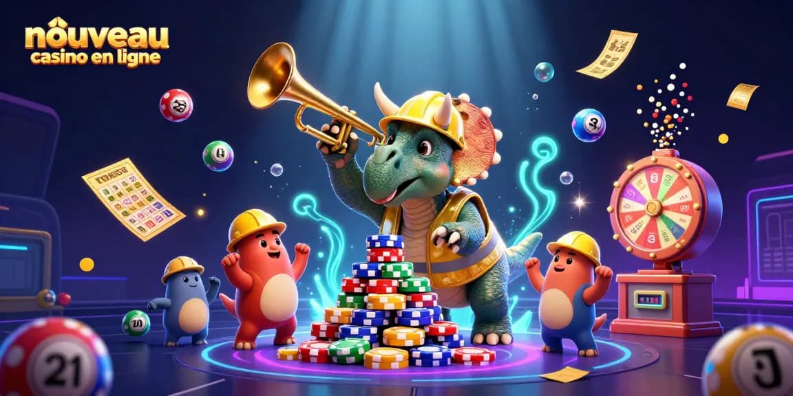 Les personnages du nouveau casino en ligne célèbrent avec des boules de loterie colorées et des billets d'or.