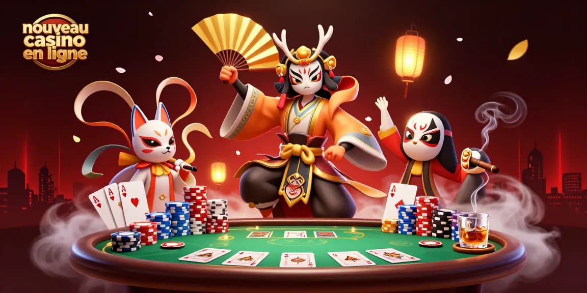Plongez dans l'univers du nouveau casino en ligne avec un guerrier kabuki illustrant la chance et le divertissement